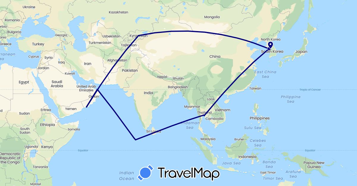 TravelMap itinerary: driving in Kyrgyzstan, South Korea, Maldives, Oman, Thailand (Asia)
